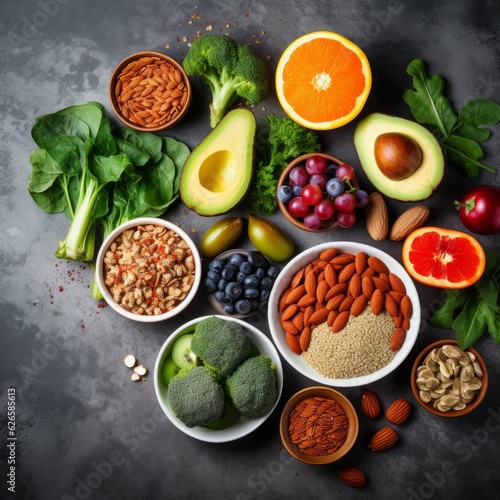 Wholesome Assortment of Fruits  Vegetables  Seeds  and Superfoods on a Serene Gray Concrete Background