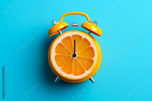 Alarm clock made out of grapefruit on blue background.