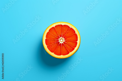 Grapefruit cut in half on blue background with space for text.