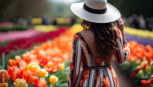 Casual traveller woman in casual cloth rear view of solo female traveller with nature landscape beaufitul scenery famous natural place serene and peaceful tourism moment summertime,ai generate