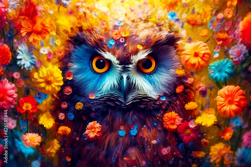 Image of owl with orange eyes surrounded by flowers and daisies. © valentyn640