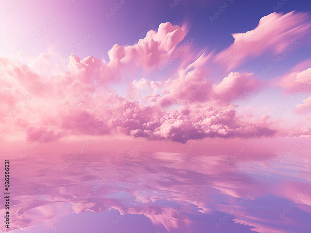 Beautiful surreal pink clouds on the sky and their water reflection.