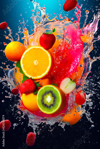 Bunch of fruit is splashing into the water with splash of water on it.