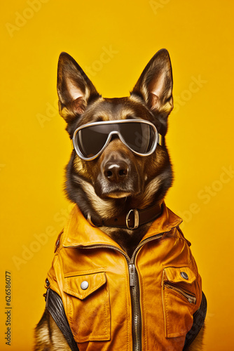 Dog wearing leather jacket with sunglasses on it's head and wearing leather jacket.
