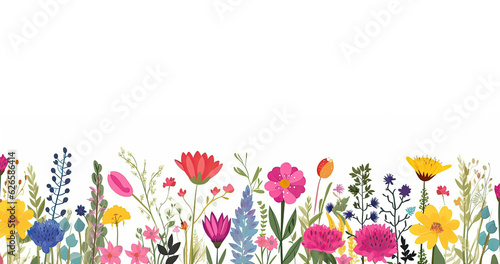 Colorful blooming flowers on white background. Decorative spring illustration. Generative AI © LeitnerR