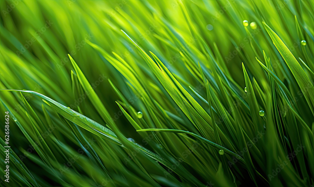 Fresh lush green grass on meadow with drops of water dew. Close-up macro. Generative AI tools Fresh lush green grass on meadow with drops of water dew. Close-up macro. Generative AI tools