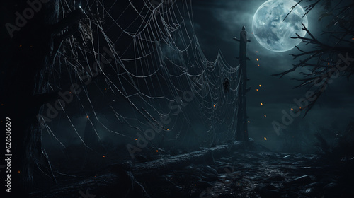 Fotografiet Photo of A spider web glistens in the moonlight, adding an extra spooky touch to