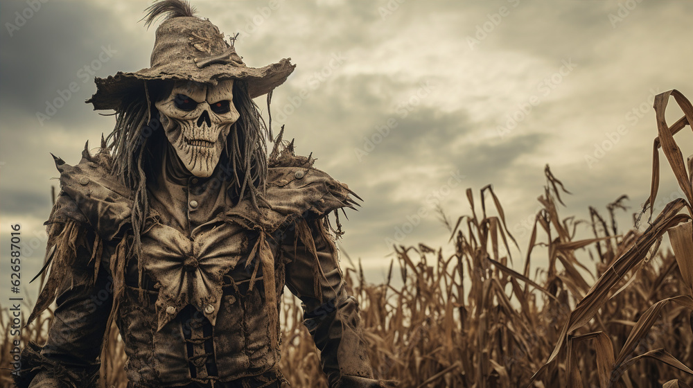 Fototapeta premium Photo of A sinister scarecrow stands guard in a cornfield, keeping an eye out for unsuspecting visitors, halloween