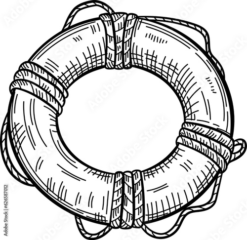 Lifebuoy with rope isolated sketch. Hand drawn life ring in engraving style.
