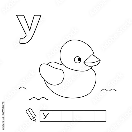 Cartoon duckling coloring pages. Learning game for small children - write a word in Russian language. Vector alphabet for kids
