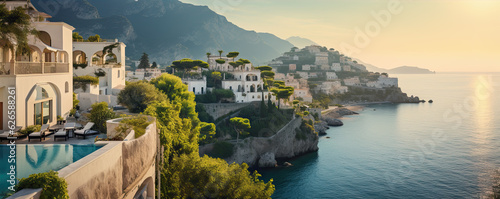 Luxury vila nestled along side of sea moutains with fresh green trees. © amazingfotommm