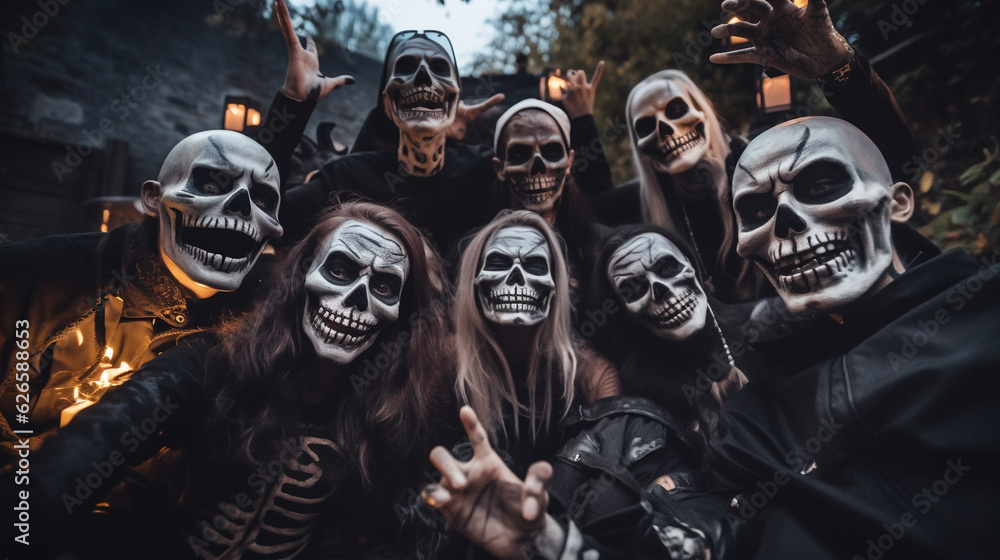 Photo of A group of friends clad in creative costumes strikes a pose, capturing memories of a spooktacular Halloween, halloween