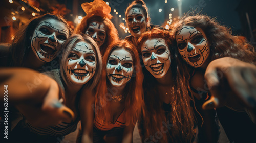 Photo of A group of friends clad in creative costumes strikes a pose, capturing memories of a spooktacular Halloween, halloween photo