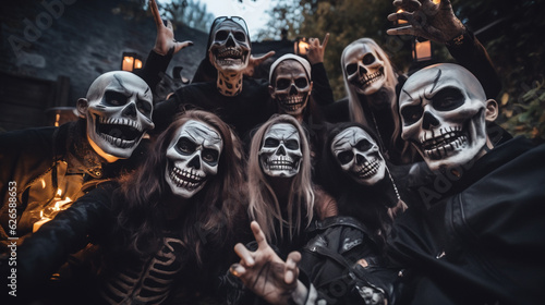 Photo of A group of friends clad in creative costumes strikes a pose, capturing memories of a spooktacular Halloween, halloween