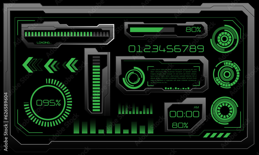 Vector of futuristic technology cyber HUD dashboard monitor green neon light power status on grey design ultramodern element Vector of futuristic technology cyber HUD dashboard monitor green neon light power status on grey design ultramodern element