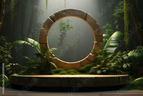 Green podium in the jungle. Green background for cosmetic product. 