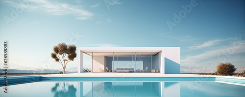 Modern clean minimalistic house with swimming pool and blue sky in summer day. Vacation best property. © amazingfotommm