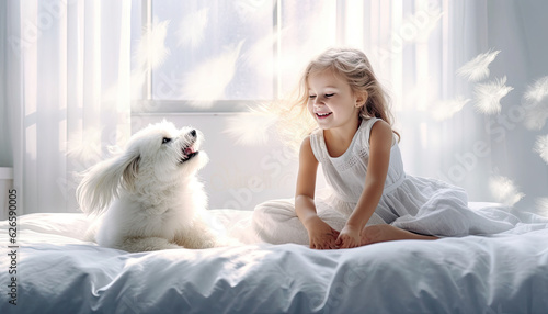cute little girl playing happily with the dog in her bedroom