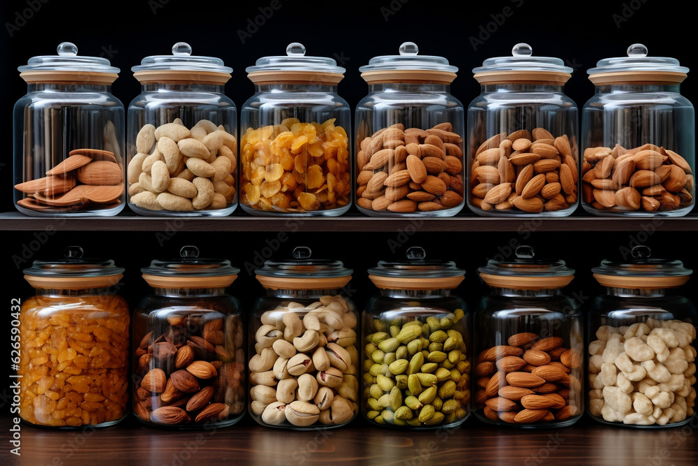 many transparent glass jars contain walnuts almonds macada