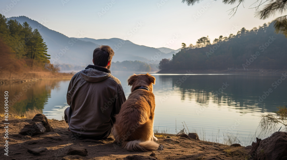 back side of man and Dog. lake and mountain view background. traveling with dog. they are best friend. Ai generated. 
