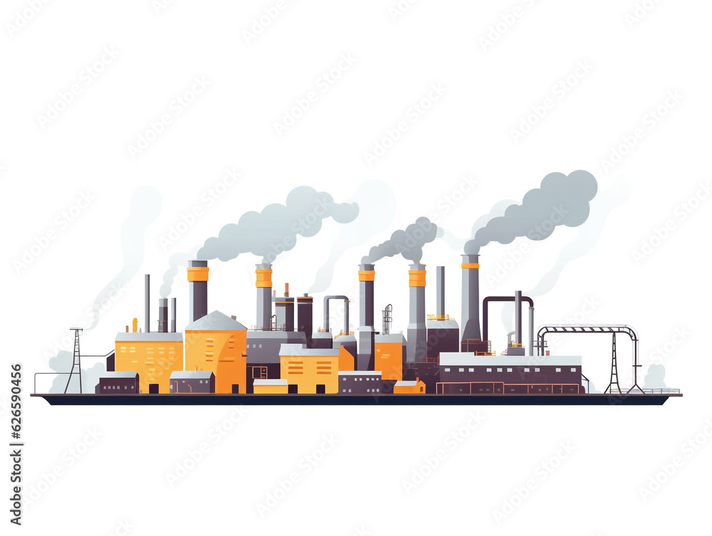 2d graphic image of factories in operation and releasing residual smoke in the chimney. These large-scale factories can pollute the environment if not properly supervised.
