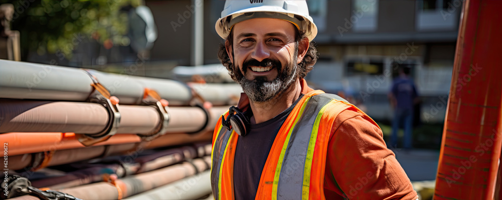Happy worker on construction site with drain pipes.