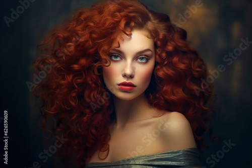 Close up of woman with red hair with blue eyes and red curly hair.