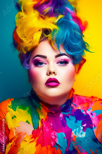 Woman with bright makeup and colorful hair is posing for photo with bright colors on her face.