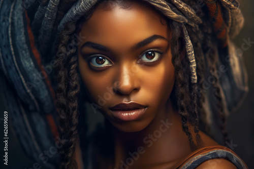 Close up of woman with dreadlocks on her head and blue eyes. © valentyn640