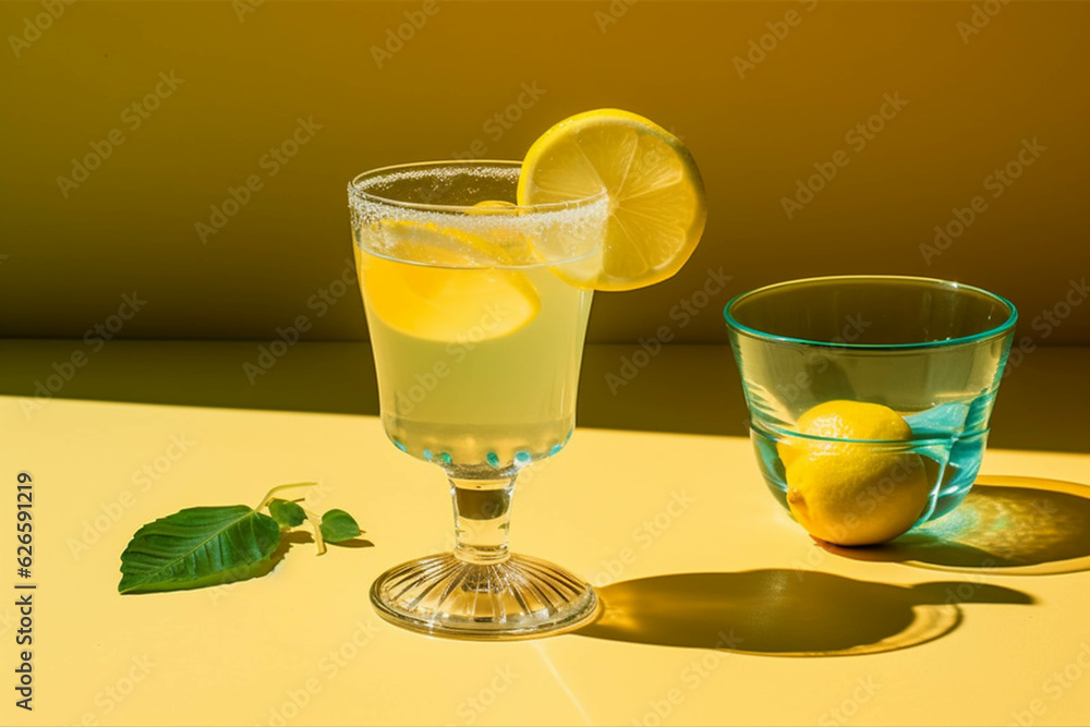 Fototapeta premium Limoncello cocktail, refreshing lemon summer drink cocktail, sun light.