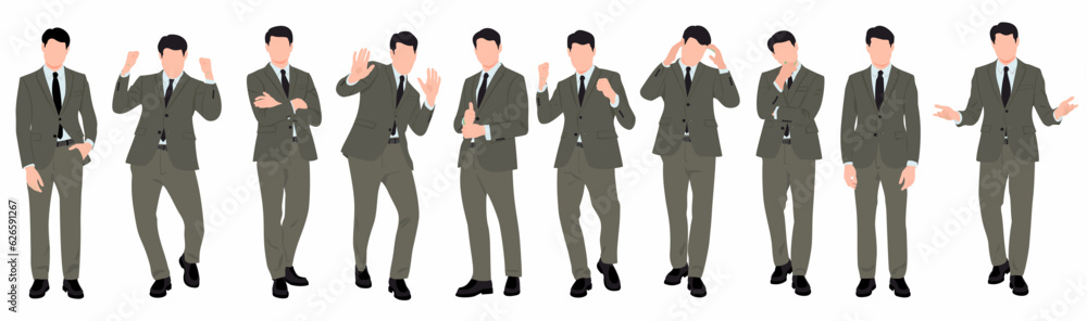 Set businessman in different poses gesture emotions and body language concept. Vector in isolated white background. 