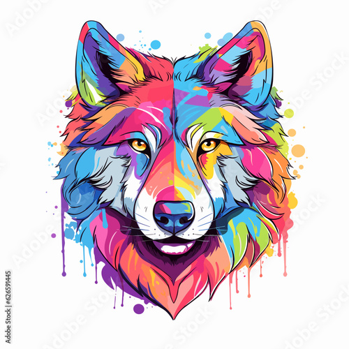 Colorful wolf's face on white background with paint splatters.