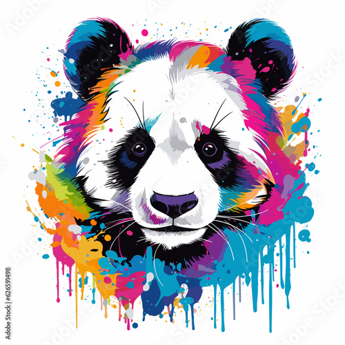 Panda bear with colorful paint splatters on it's face.