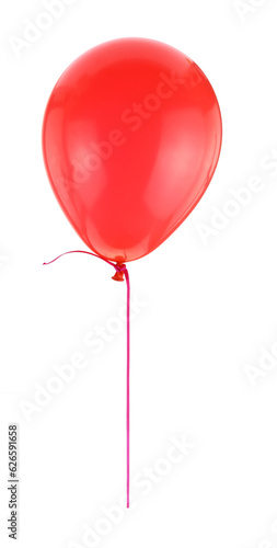 Red balloon and ribbon flying isolated on transparent background, PNG.