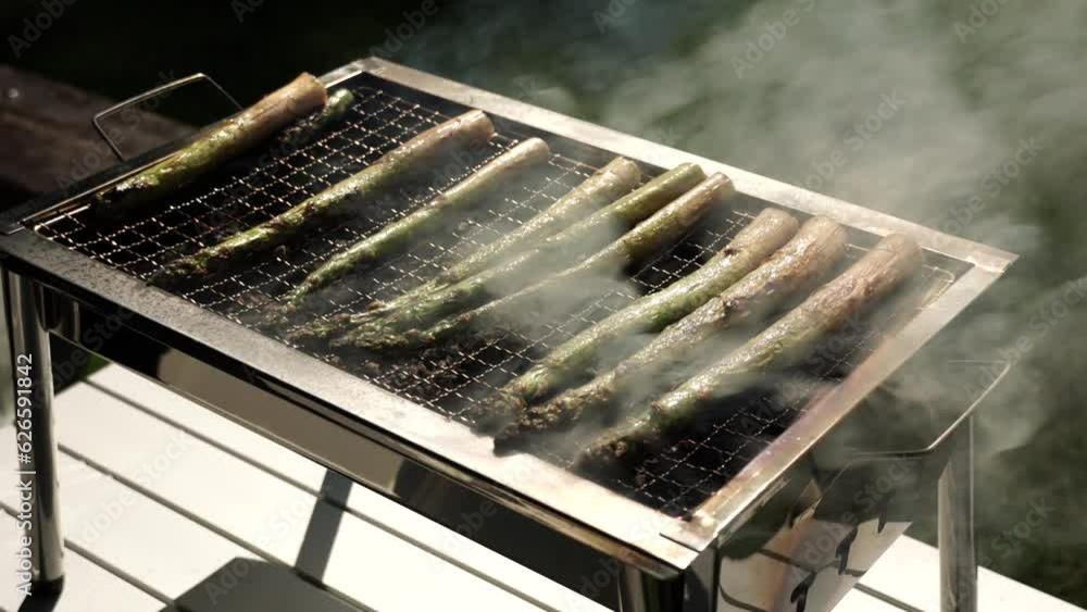 Fry asparagus on BBQ grill close up. Cooking fresh green asparagus or sparrow grass stems in outdoor wood logs charcoal grill with iron metal grate. Barbecued vegetables on fire for mixed vegan salad