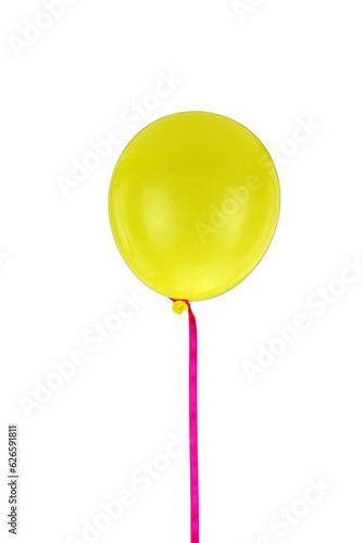 Yellow balloon and ribbon flying isolated on transparent background, PNG.
