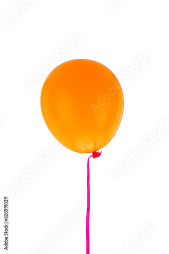 Orange balloon and ribbon flying isolated on transparent background, PNG.