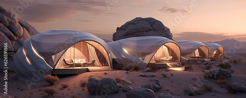 Glamping houses in desert landscape. Futuristic glamping in rocky mountains. photo