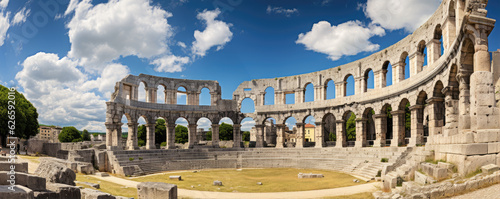 Historical amphitheater stones round building. panorama photo photo
