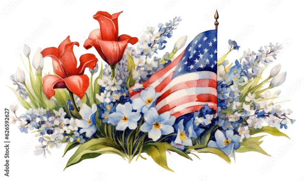 American flag with spring flowers. USA independence day. 4th of July. watercolor for sublimation