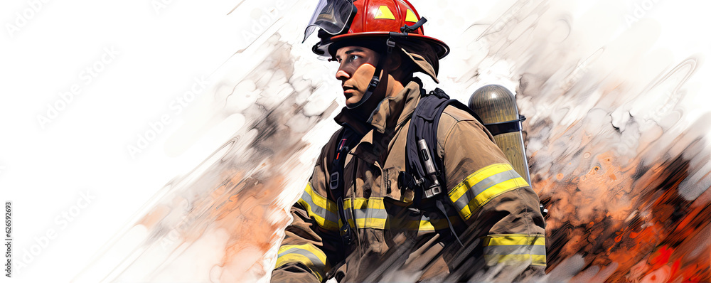 Fototapeta premium portrait of fireman on white background. wide banner