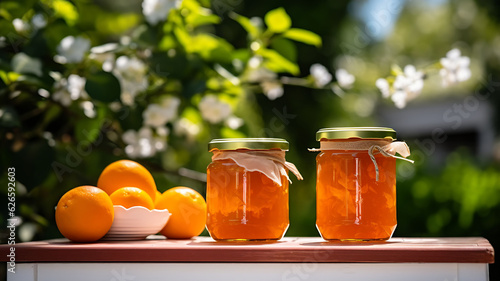 Orange marmelade, orange jam in a glass jar, fruits, homemade jam, garden background, farm, organic product, breakfast, oranges, fruits and nature, leaves and flowers