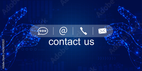 Contact us or Customer support hotline people connect. Businessman using a laptop and touching on virtual screen contact icons