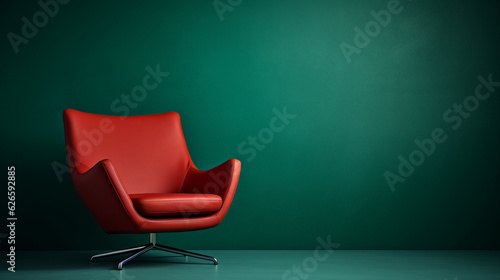 Modern living room interior with red armchair against green wall. Minimal design furniture in complementary colors. Copy space for text.