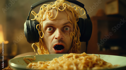 Man watching false news getting cheated with surprised face and noodles on his head and ears  wearing headphones