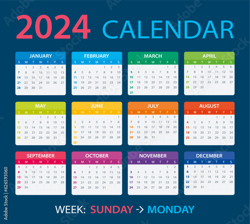 2024 Calendar - vector illustration, Sunday to Monday