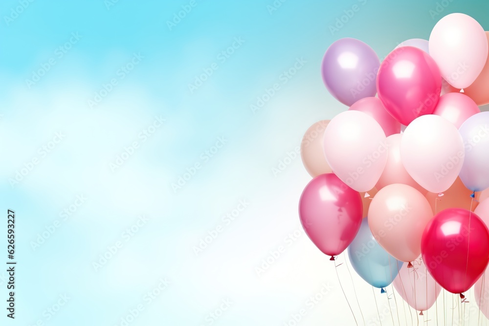 Bunch of colorful balloons on blue sky background with copy space