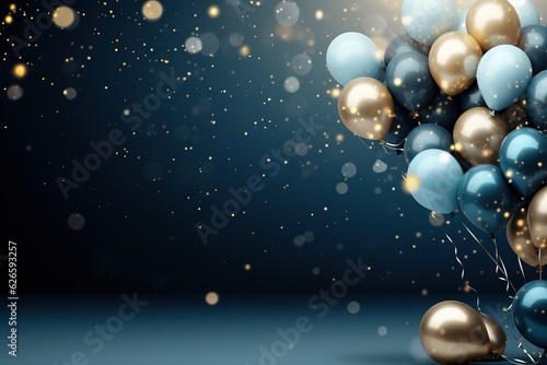 Bunch of golden and blue balloons on dark blue bokeh background with copy space