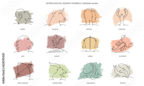 Astrological zodiac constellation one single hand drawing continues line symbols set. Vector stock illustration pack isolated on white with boho colour brush stroke background. Editable stroke line.