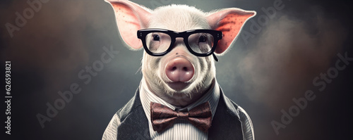 Pig business portrait dressed as a manager, copy space for text